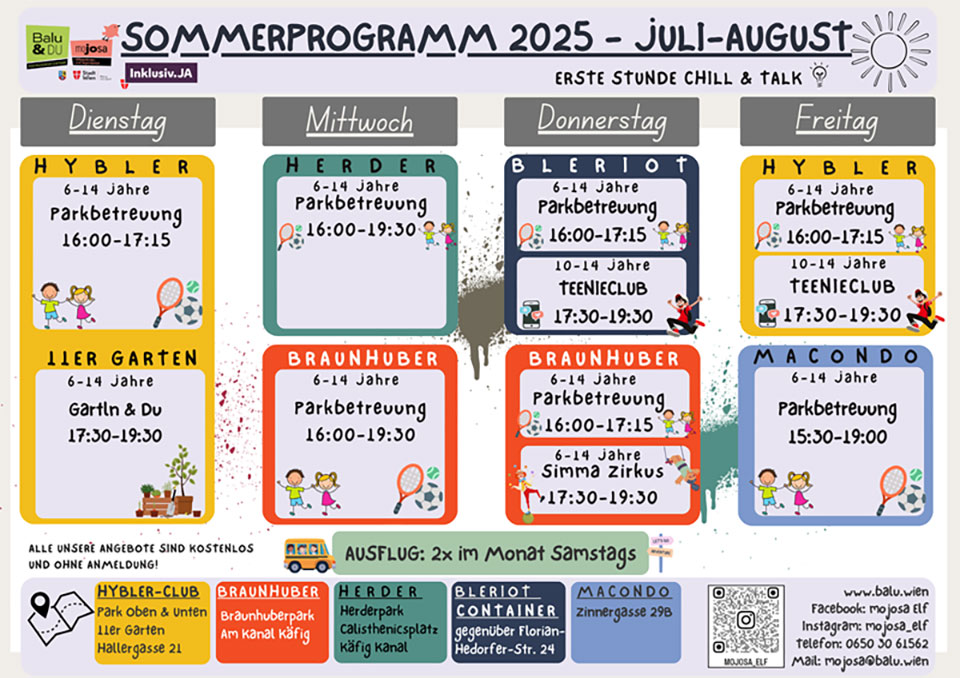 Tabelle mit dem Sommerprogramm 2025 von mojosa