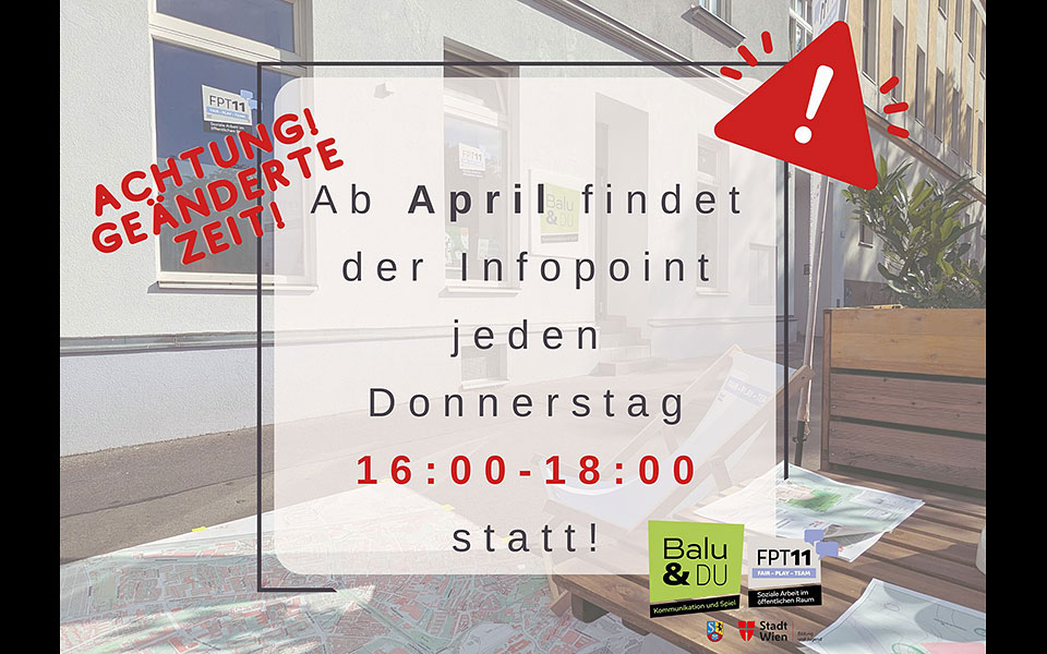 Öffnungszeiten des Infopoints im April: jeden Donnerstag von 16:00 bis 18:00 Uhr