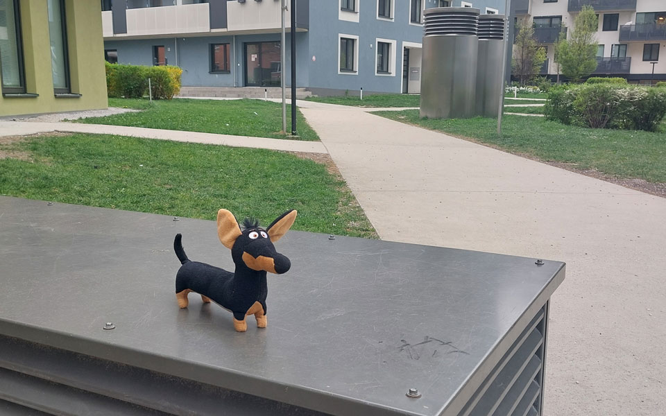 Ein Stoffhund im Park.